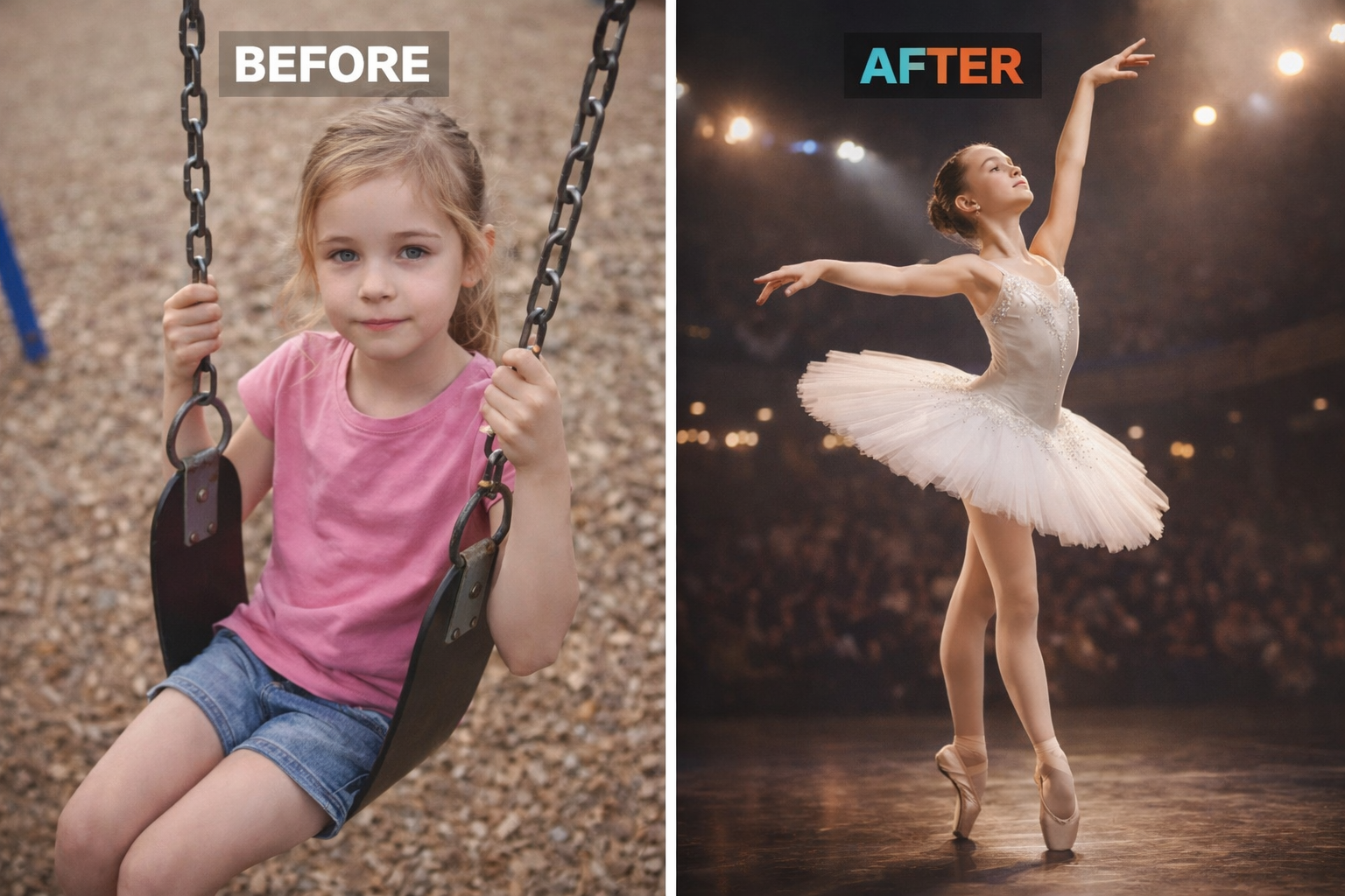 Before and after example showing a girl transformed into a ballerina