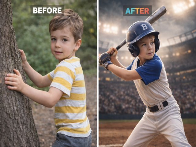 Before and after example showing a boy transformed into a baseball player