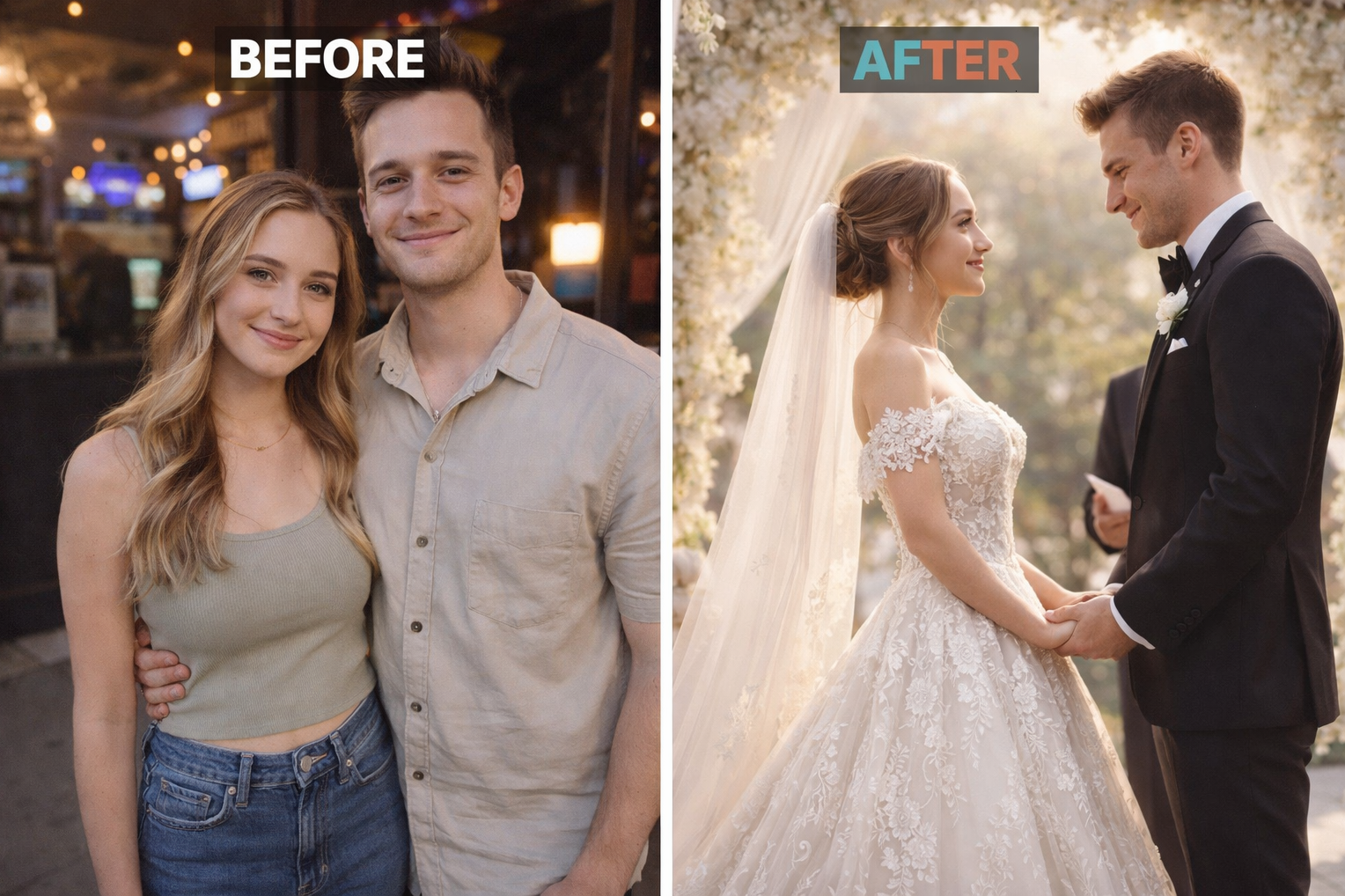 Before and after example showing a couple transformed into a wedding scene