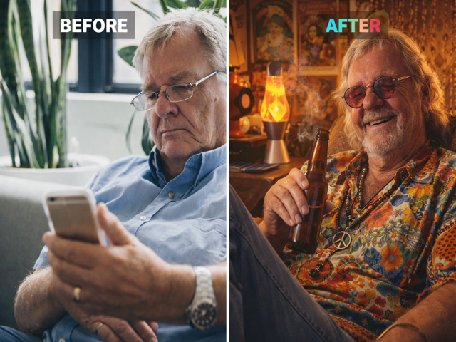 Before and after example showing an older man transformed into a hippie scene