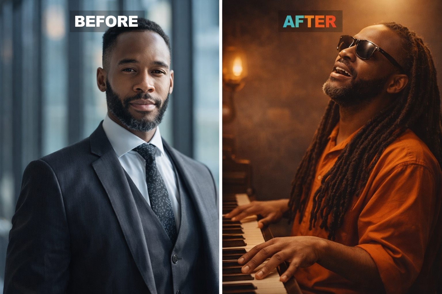 Before and after example showing a professional portrait transformed into a musician scene